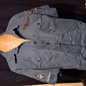 Harley Davidson Navy Blue Embroidered Patchwork Button Up Short Sleeve Shirt xl